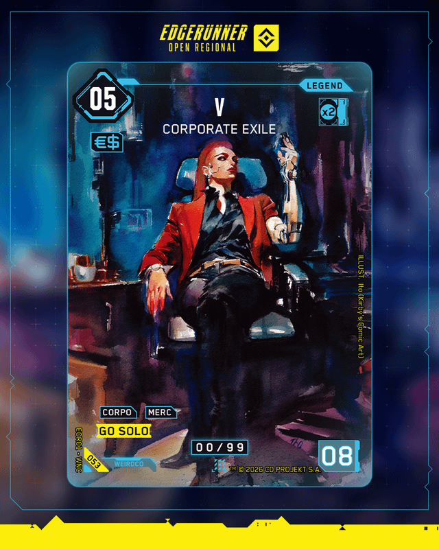 Carta serializada Encrypted Legend de V, Corporate Exile, del Edgerunner Open Regional