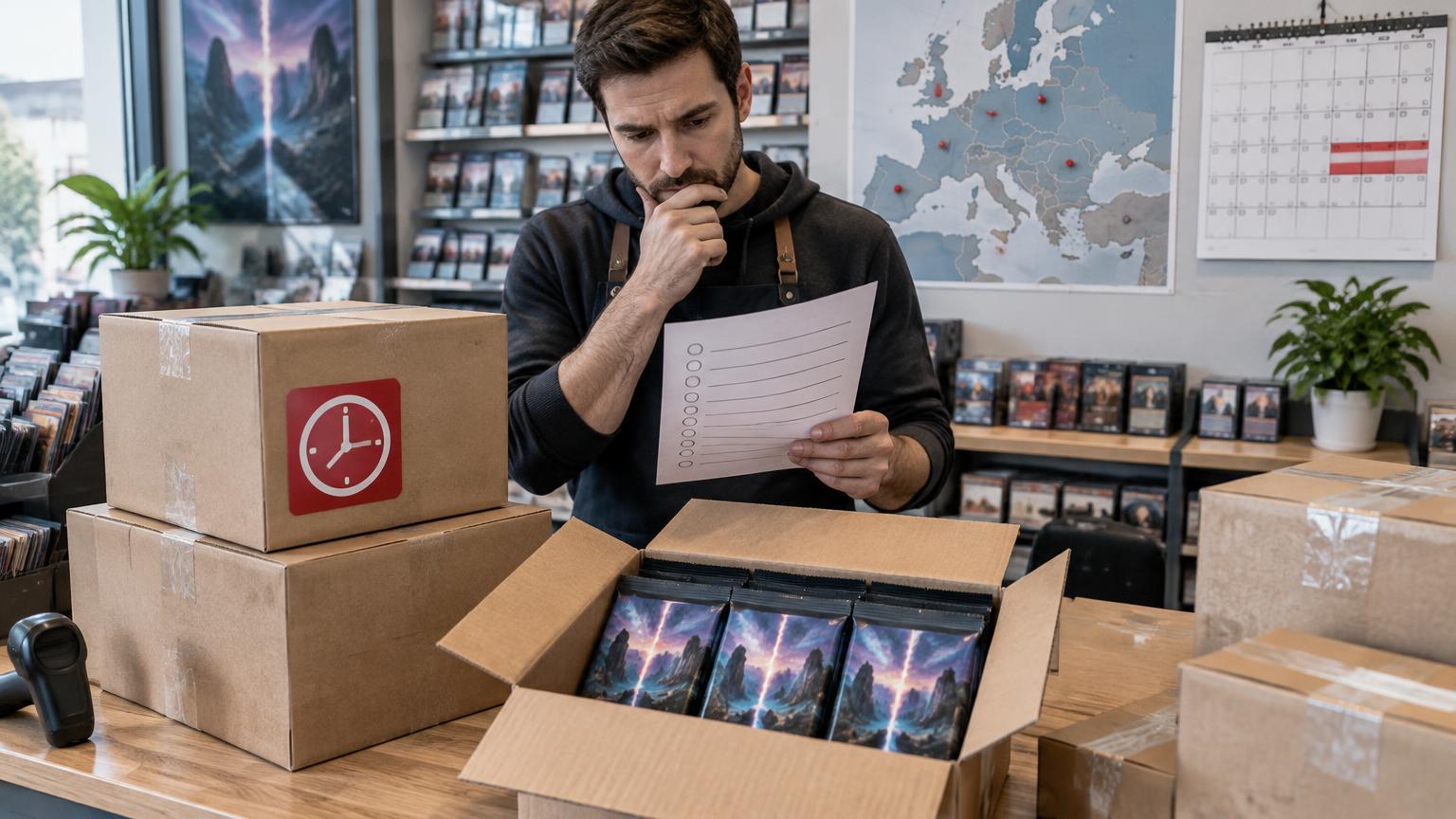 Il·lustració de la revisió d’una entrega de productes de cartes amb retard a Europa